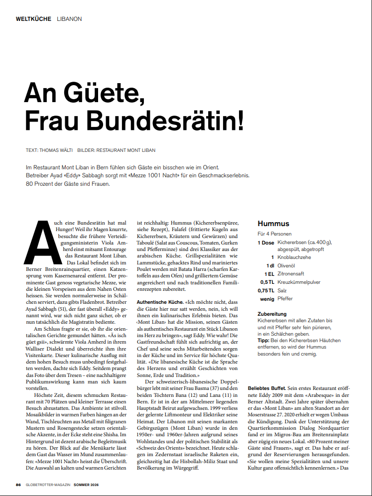 Zeitschriftenartikel „An Güete, Frau Bundesrätin!“ über das Restaurant Mont Liban im Globetrotter-Magazin